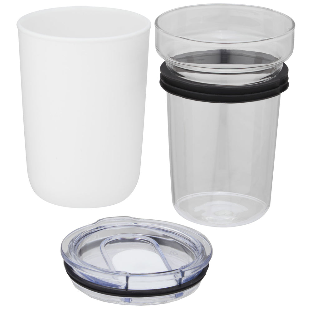 Branded Bello 420 ml glass tumbler with recycled plastic outer wall