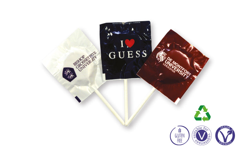 Flat round Mini Lollies with personalised printed wrappers