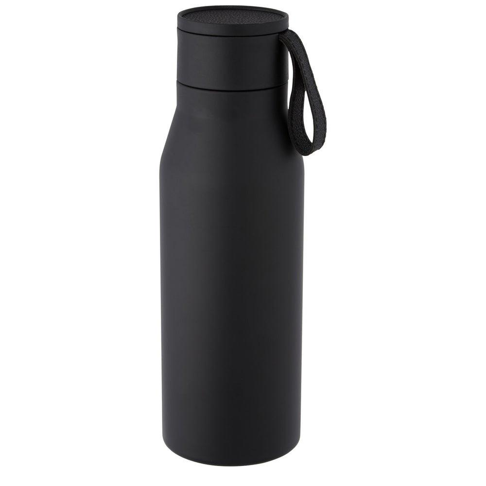 Branded Ljungan 500 ml copper vacuum insulated stainless steel bottle with PU leather strap and lid