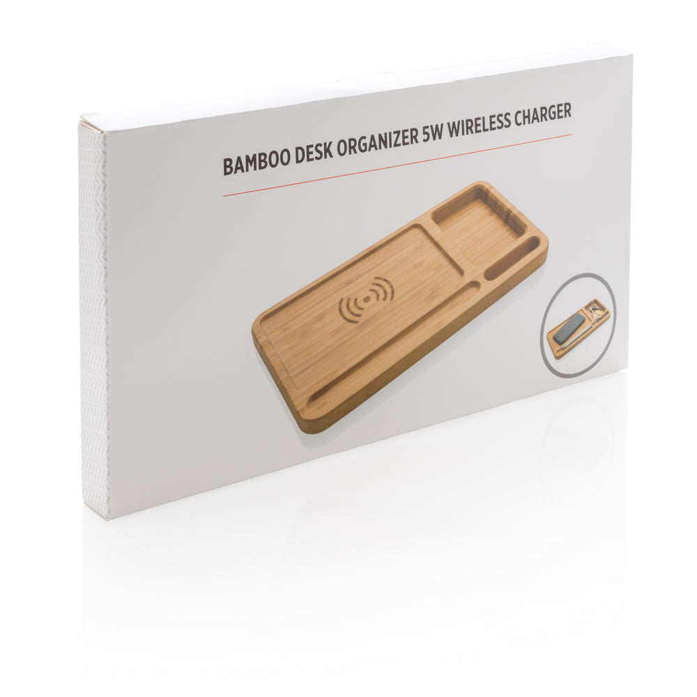 Branded Bamboo desk organiser 5W wireless charger