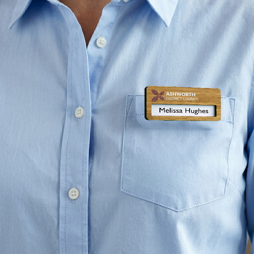 Bamboo Reusable Window Name Badge with Pin Fitting - 73mm x 35mm