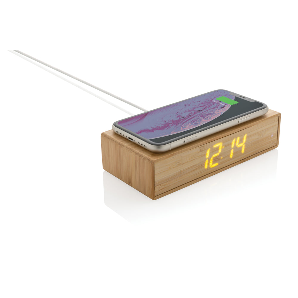 Branded Bamboo alarm clock with 5W wireless charger