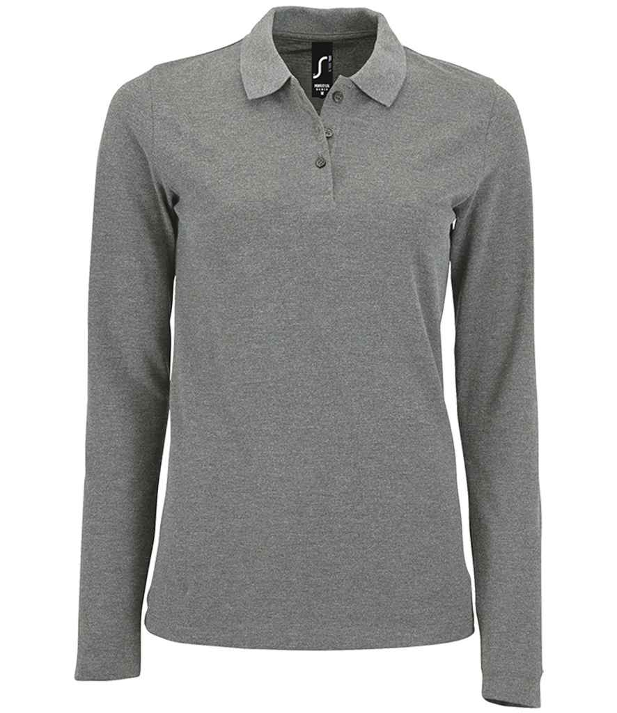 SOL'S Ladies Perfect Long Sleeve Piqué Polo Shirt Grey Marl