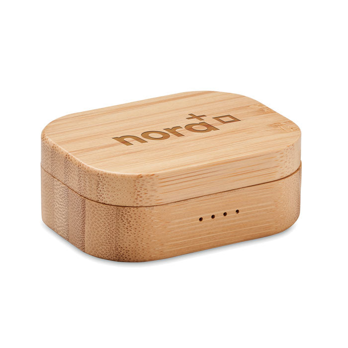 Branded TWS earbuds in bamboo case
