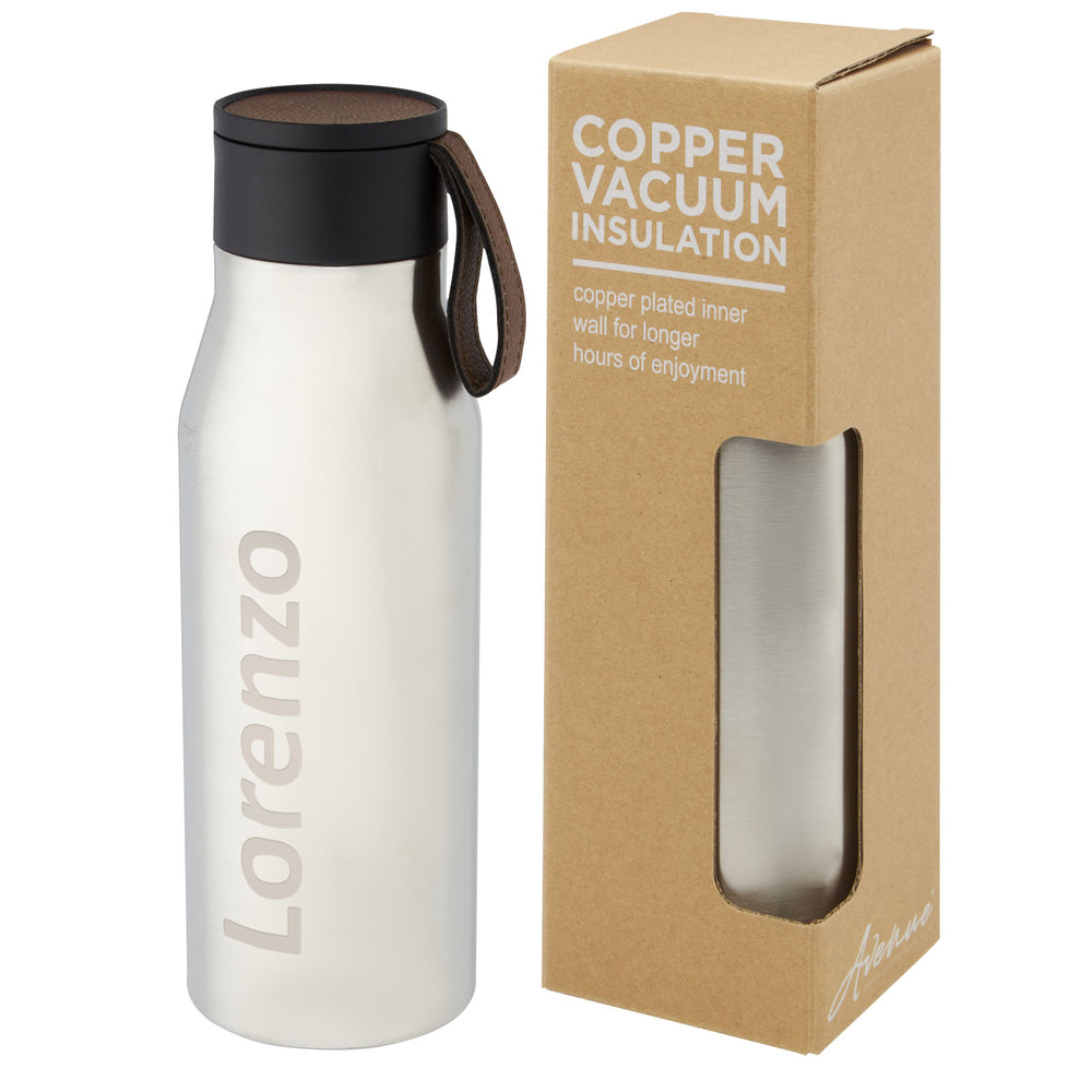 Branded Ljungan 500 ml copper vacuum insulated stainless steel bottle with PU leather strap and lid