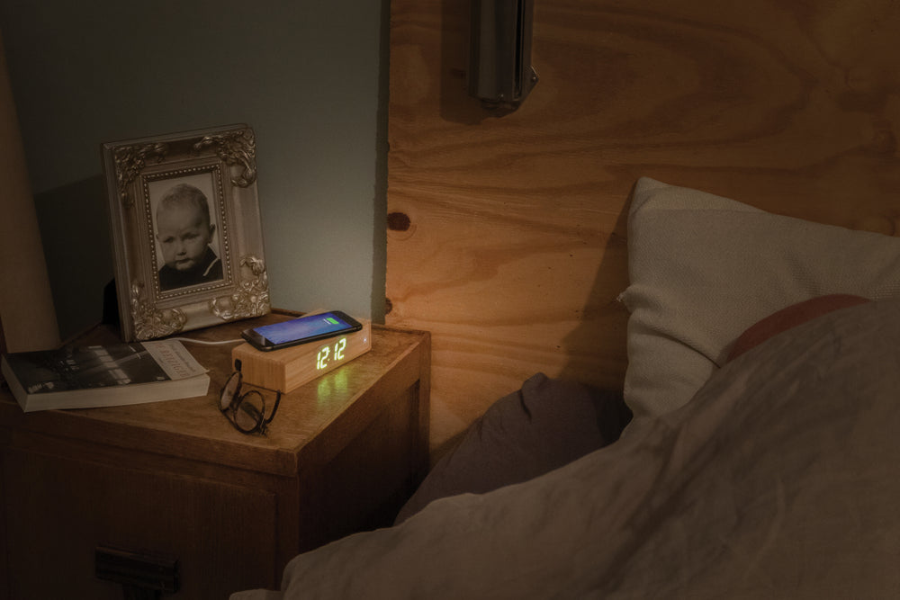 Branded Bamboo alarm clock with 5W wireless charger