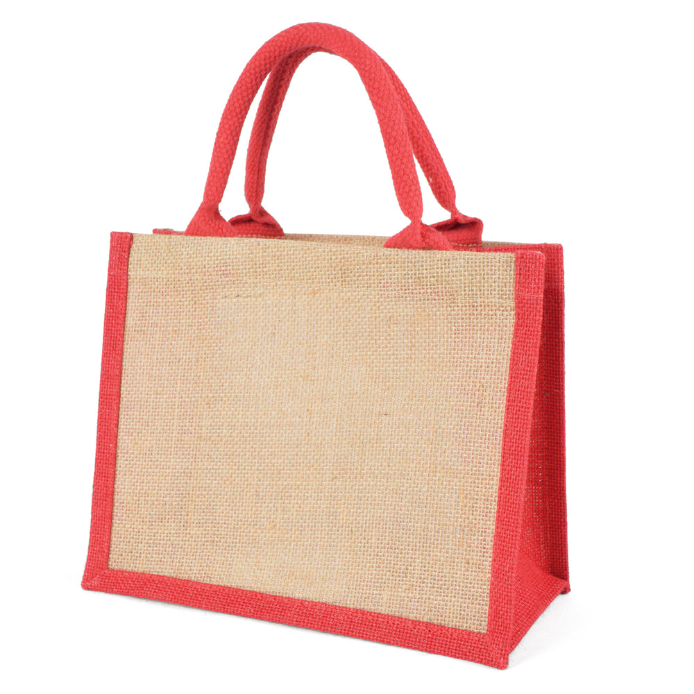Branded NATURAL mini laminated jute lunch bag with trim, gusset and handles