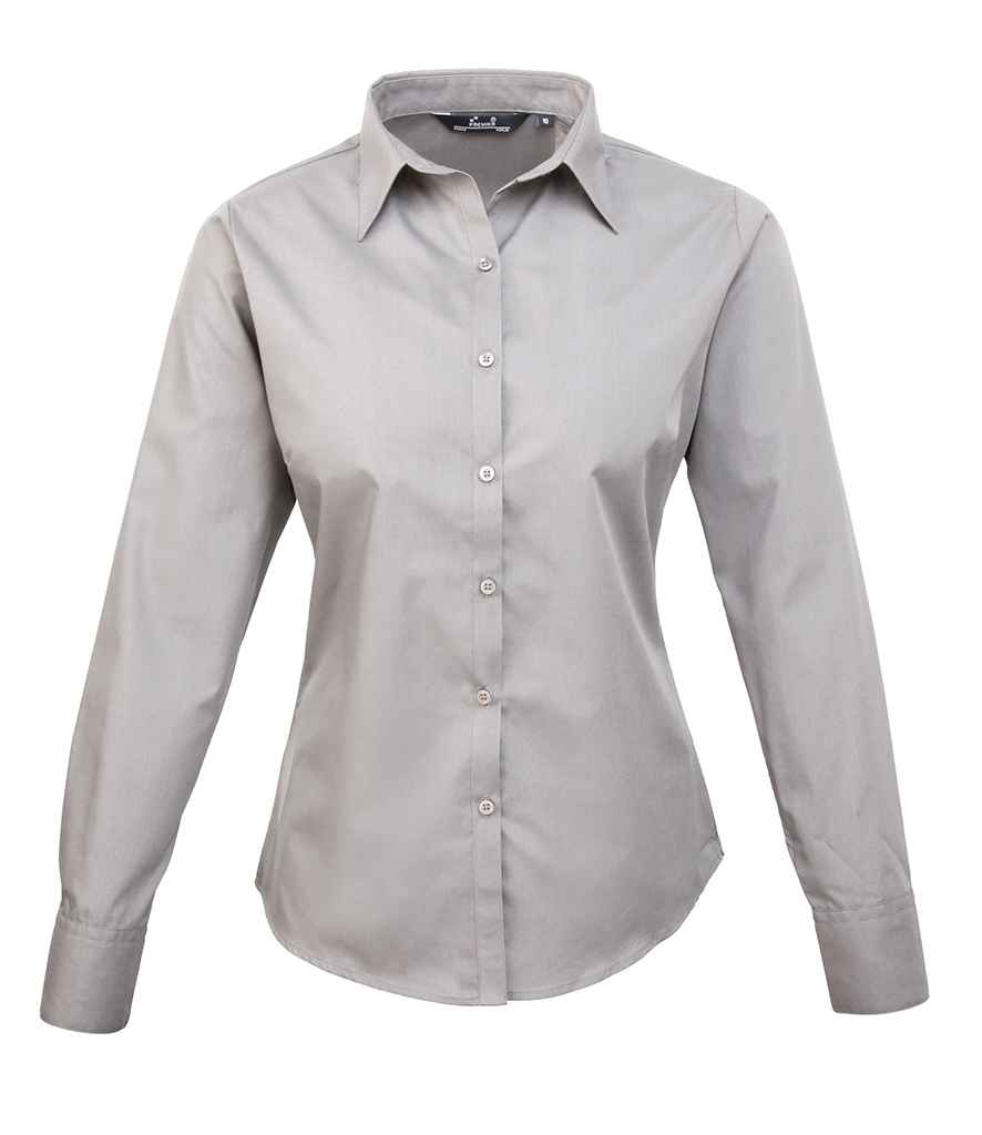 Premier Ladies Long Sleeve Poplin Blouse Silver