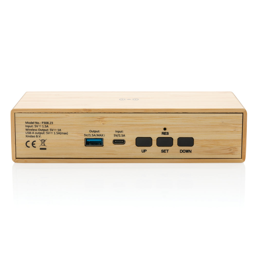 Branded Bamboo alarm clock with 5W wireless charger