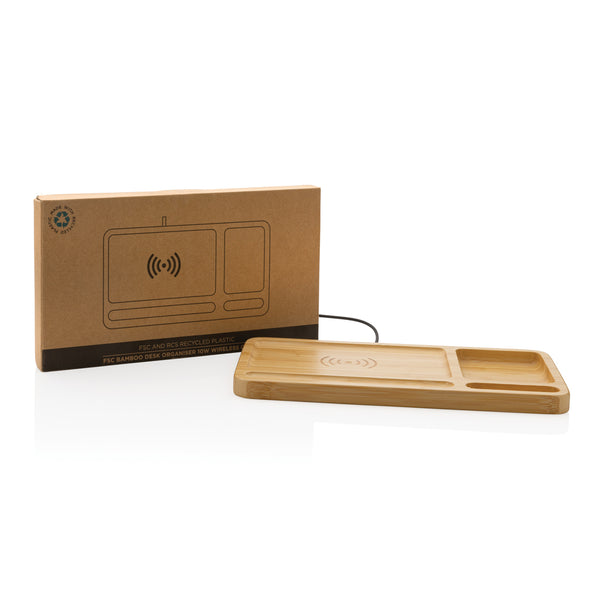 Branded Bamboo desk organiser 10W wireless charger