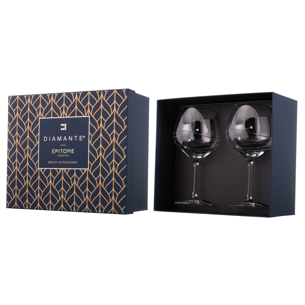 2 Diamante Gin Glasses with Spiral Design Cutting in a Satin Lined Gift Box