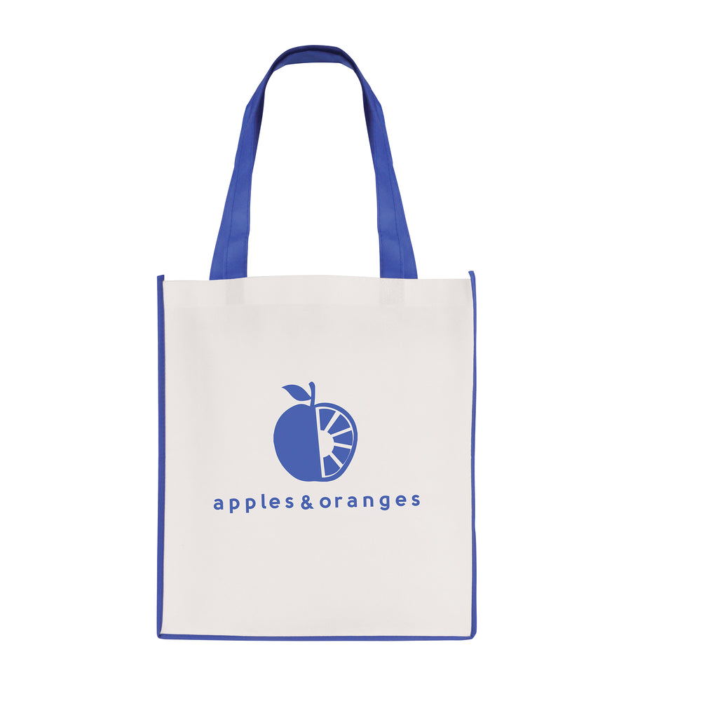 Branded White non woven PP shopper with coloured piping trim and handles