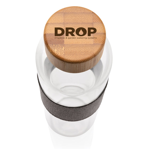 Branded Impact borosilicate glass bottle with bamboo lid