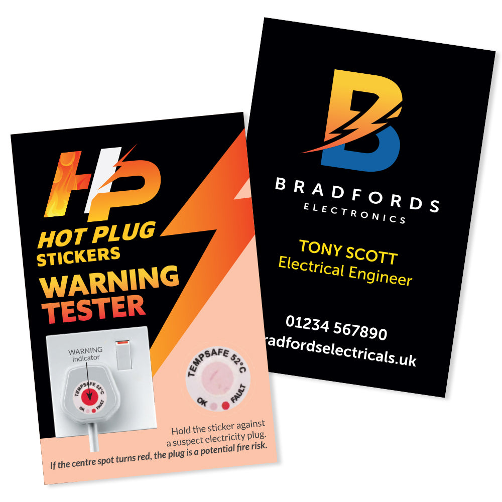 A double-sided business card with a Hot Plug safety sticker.
