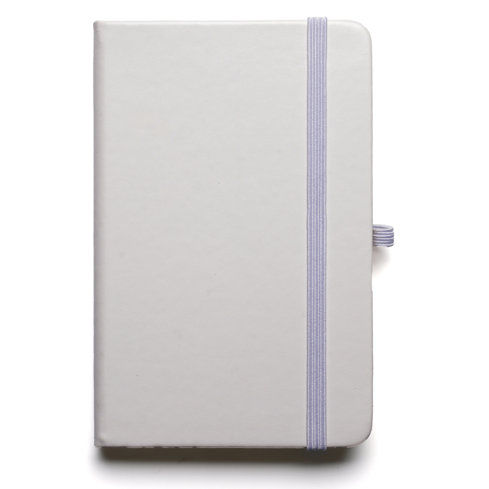 Branded A6 White Notebook with bookmark, pen loop, closure.