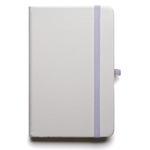 Branded A6 White Notebook with bookmark, pen loop, closure.