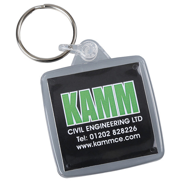 Clear Square Shaped Keyring. Printed Full Colour Insert