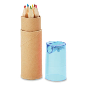 6 coloured pencils inside a card tube with a transparent blue lid