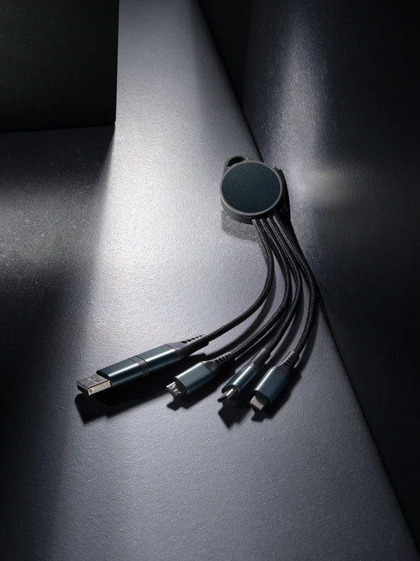 Branded Terra RCS recycled aluminium 6-in-1 charging cable
