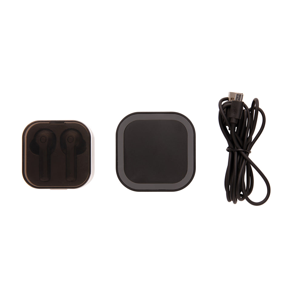 Branded TWS earbuds in wireless charging case