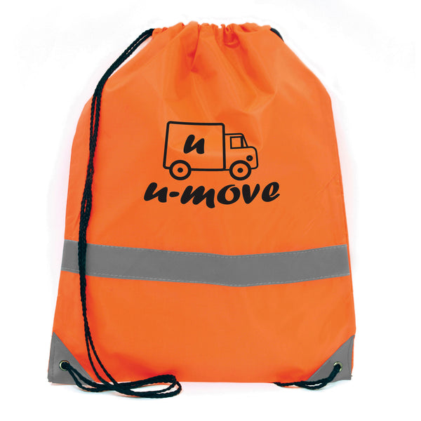Branded Fluorescent drawstring bag with reflective strip. 210D polyester