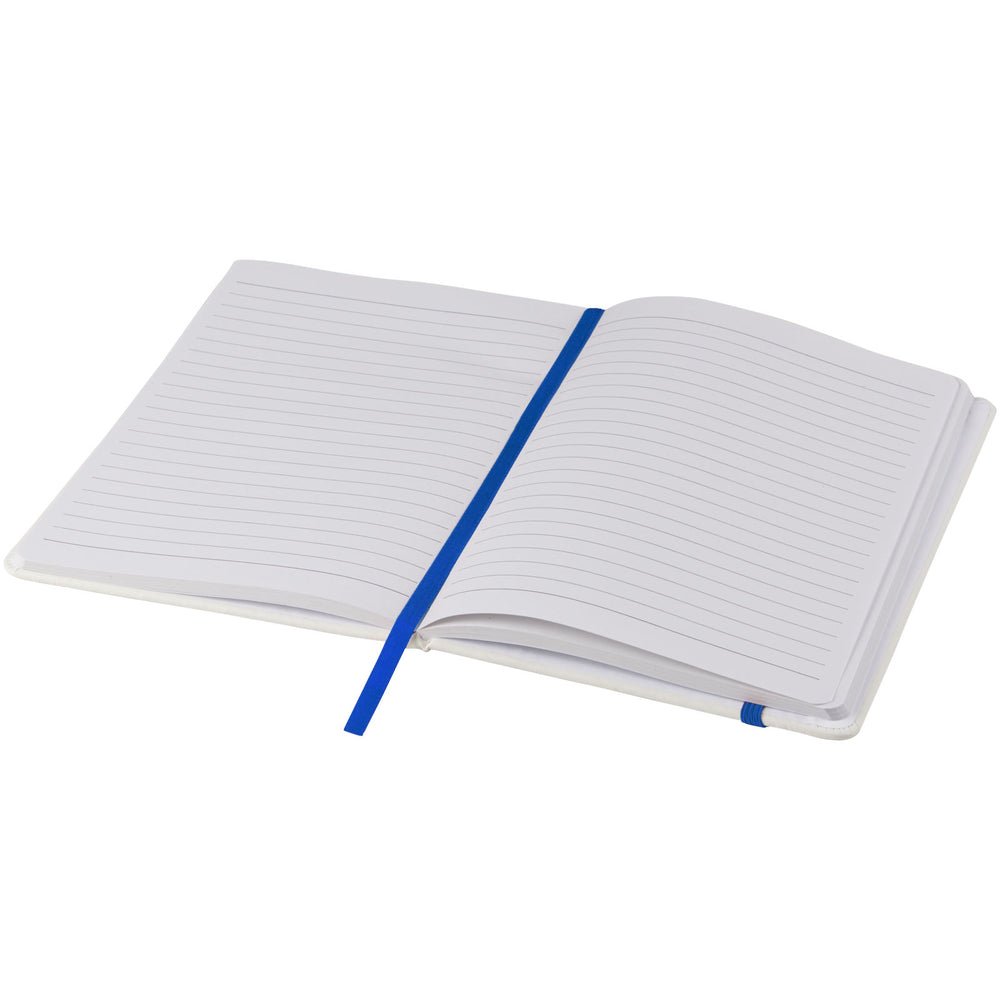 Branded Spectrum A5 white notebook with coloured strap