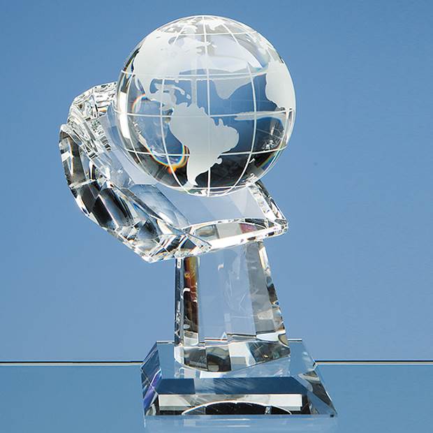 Branded 8cm Optical Crystal Globe on Mounted Hand Award