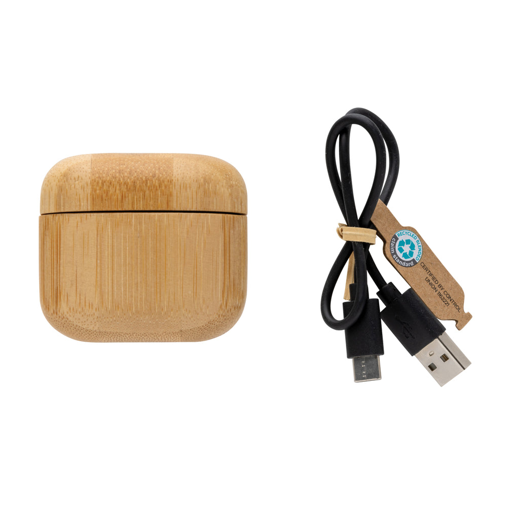 Branded RCS recycled plastic & bamboo TWS earbuds