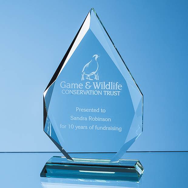 Branded 15cm x 10.5cm x 19mm Jade Glass Facetted Diamond Peak Award