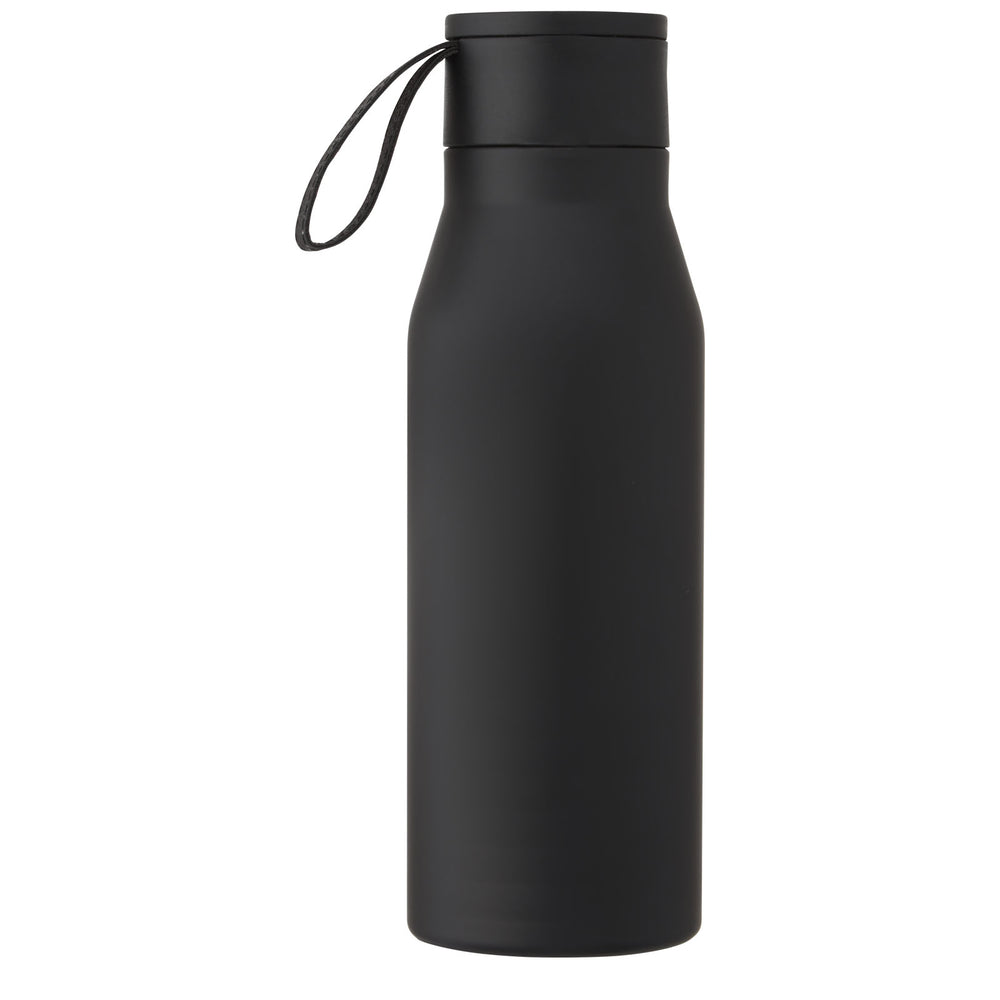 Branded Ljungan 500 ml copper vacuum insulated stainless steel bottle with PU leather strap and lid
