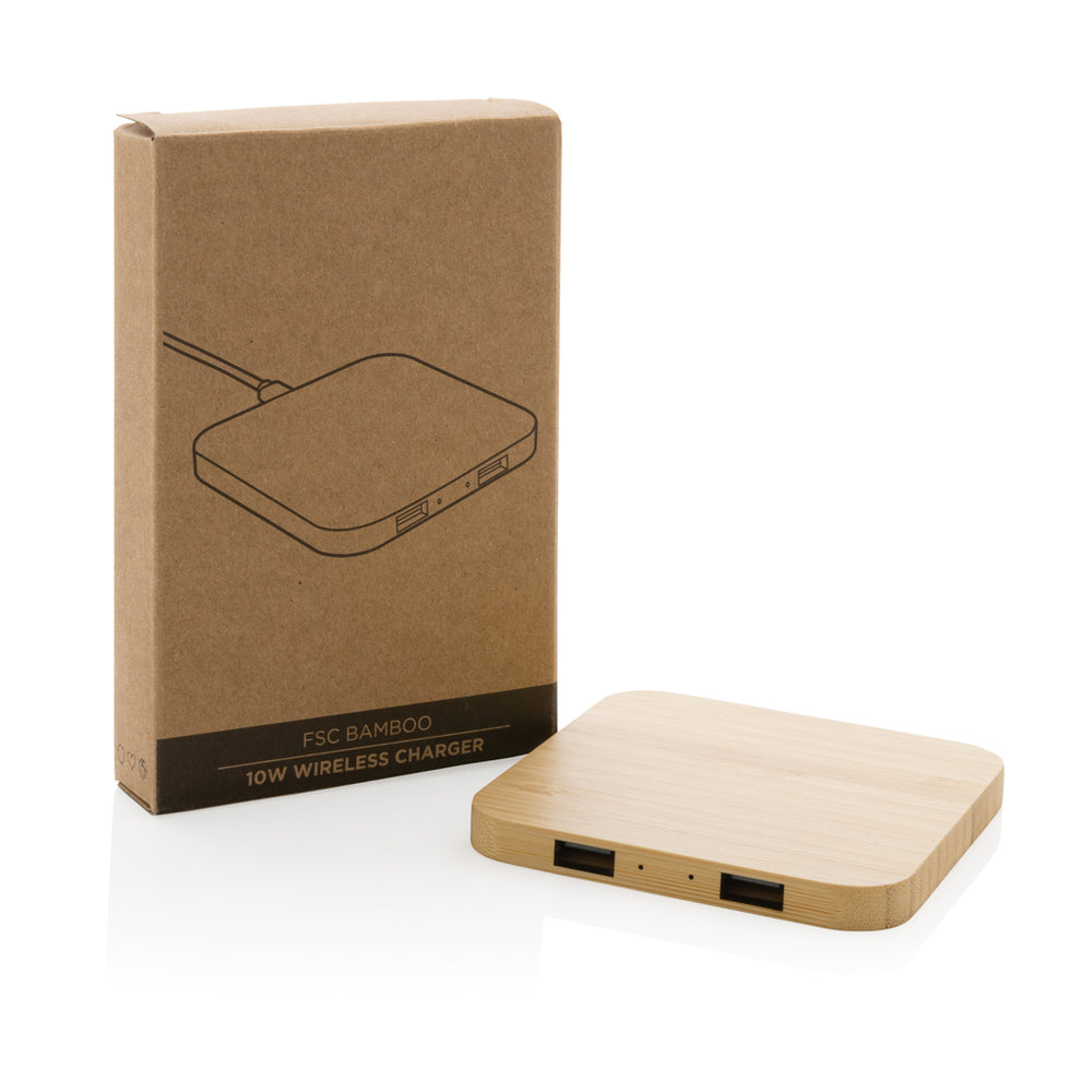 Branded Bamboo 10W wireless charger with USB
