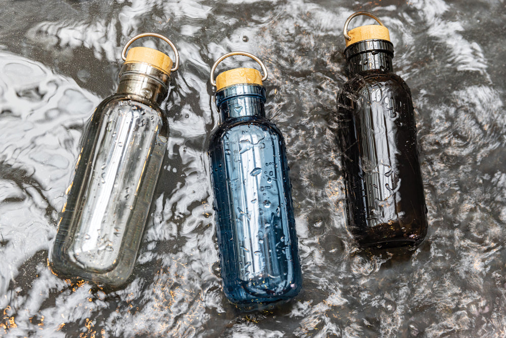 Branded GRS RPET bottle with bamboo lid and handle
