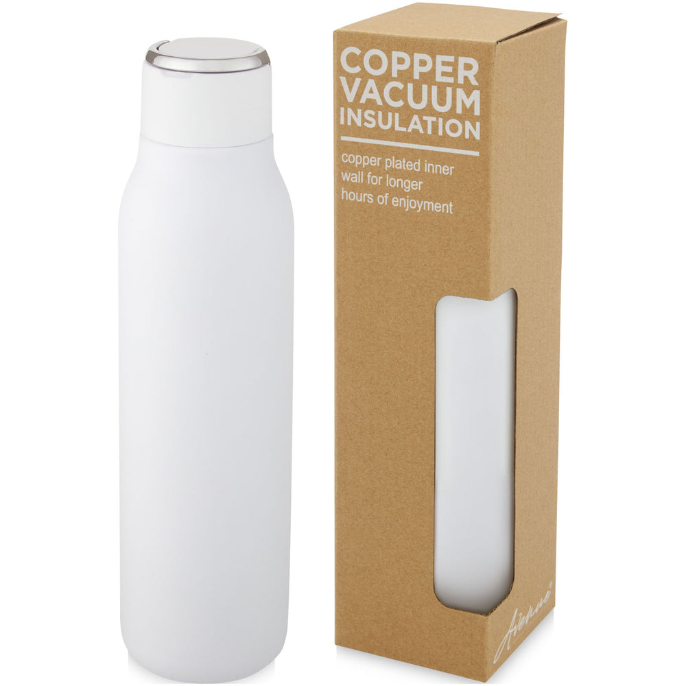 Branded Marka 600 ml copper vacuum insulated bottle with metal loop