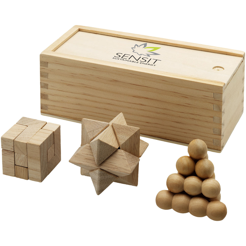 Branded Brainiac 3-piece wooden brain teaser set
