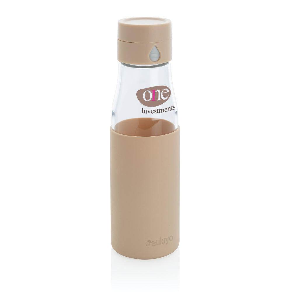 Branded Ukiyo glass hydration tracking bottle with sleeve