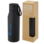 Branded Ljungan 500 ml copper vacuum insulated stainless steel bottle with PU leather strap and lid