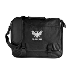 Nelson Satchel 600D Black laptop bag with flap and shoulder strap