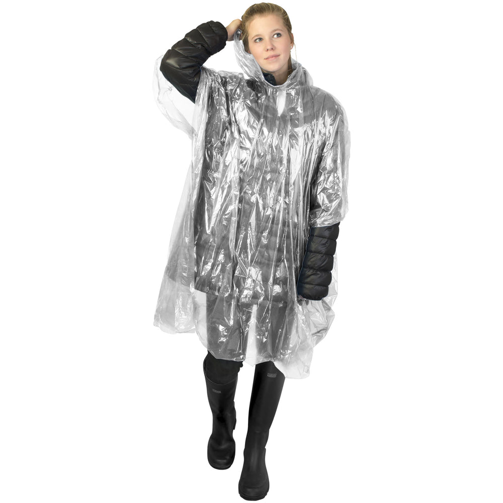 Branded Ziva disposable rain poncho with storage pouch