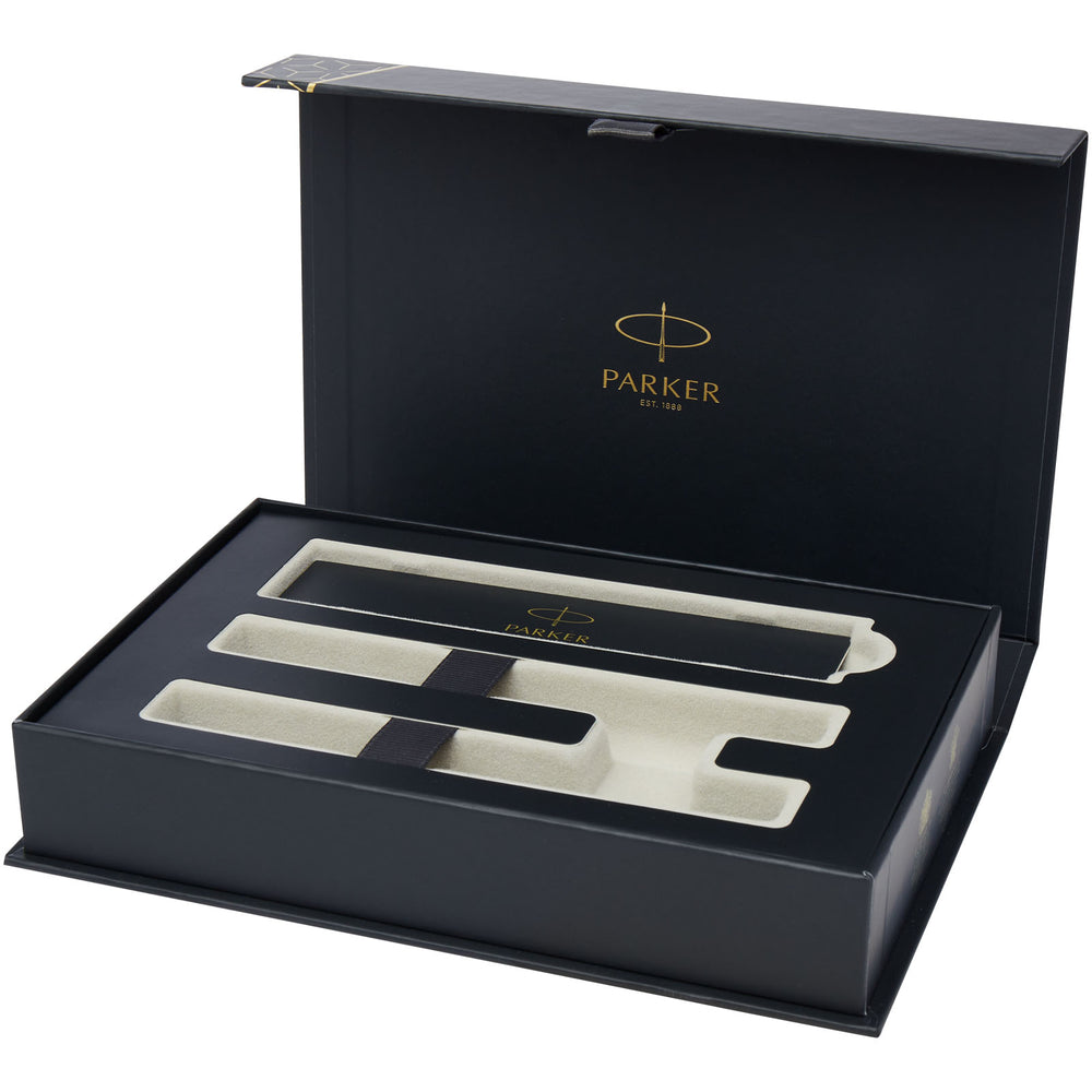 Branded Parker IM achromatic ballpoint and rollerball pen set with gift box