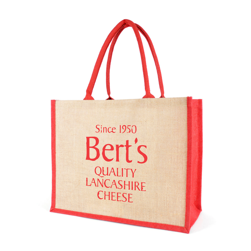 Branded Chow Natural Jute Bag with trim + cotton webbing rope handles