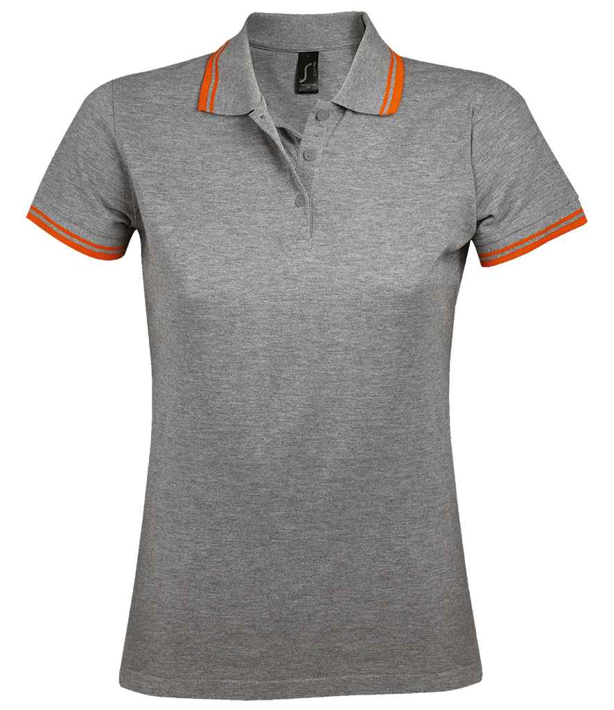 SOL'S Ladies Pasadena Tipped Cotton Piqué Polo Shirt Grey Marl/Orange
