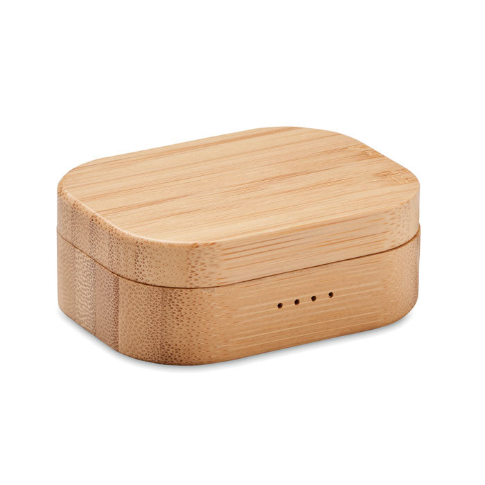 Branded TWS earbuds in bamboo case