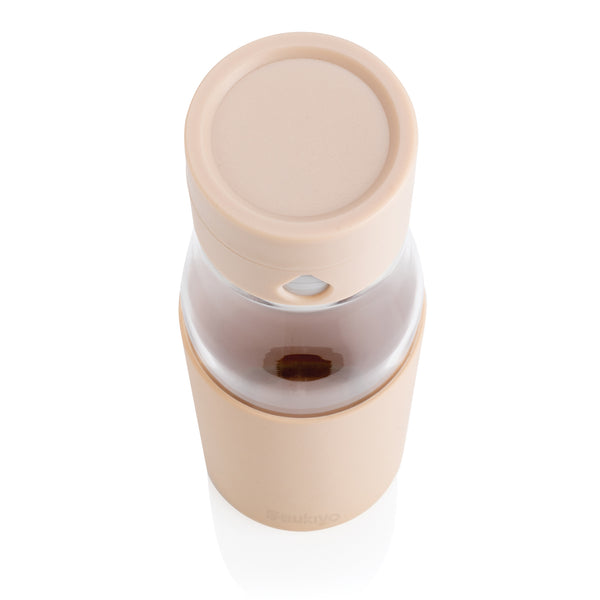 Branded Ukiyo glass hydration tracking bottle with sleeve
