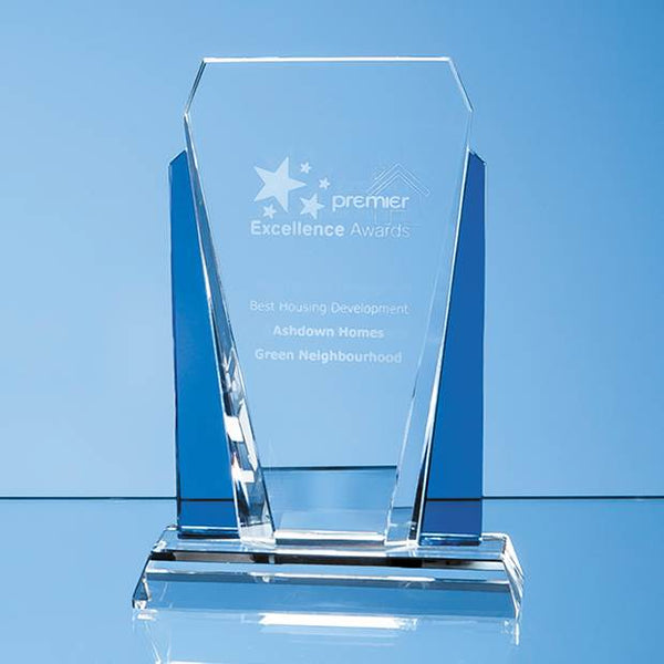 Branded 17.5cm Clear & Sapphire Blue Optical Crystal Sentinel Award