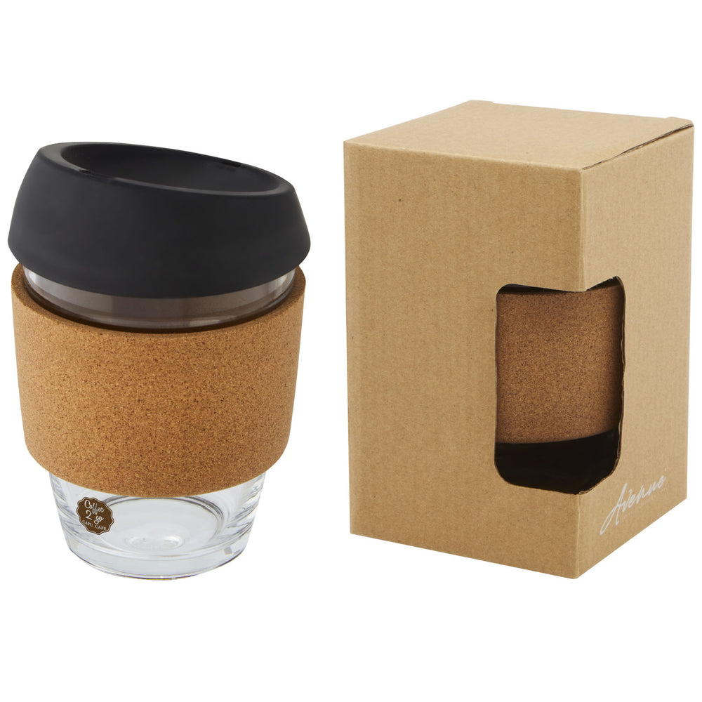 Lidan 360 ml borosilicate glass tumbler with cork grip and silicone lid