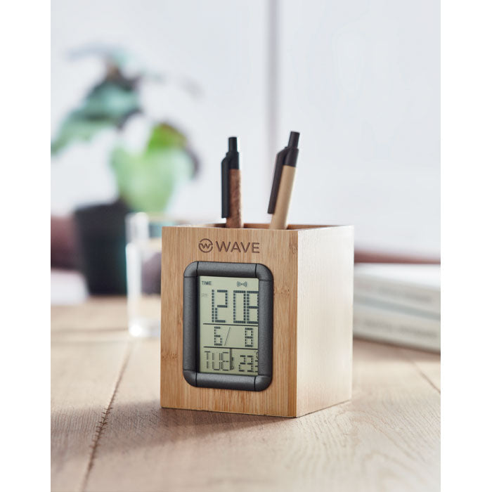 Bamboo penholder and LCD clock