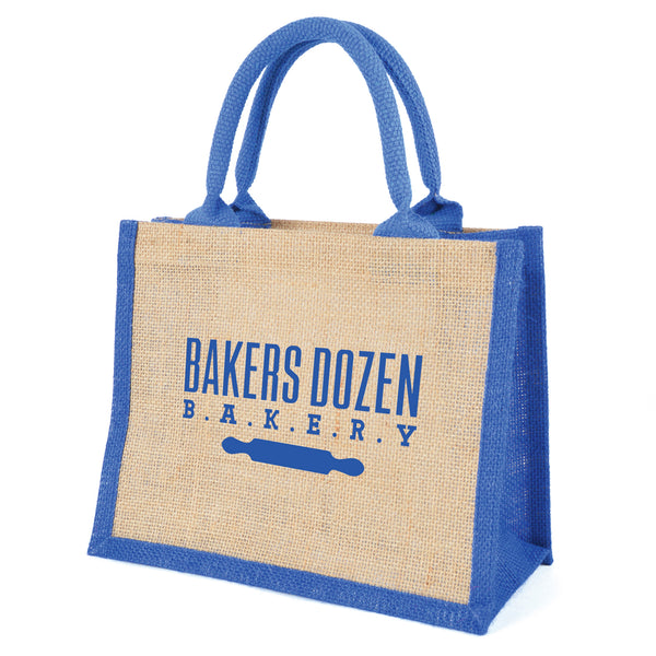 Branded NATURAL mini laminated jute lunch bag with trim, gusset and handles