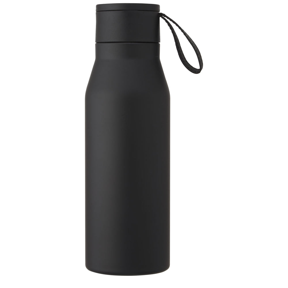 Branded Ljungan 500 ml copper vacuum insulated stainless steel bottle with PU leather strap and lid