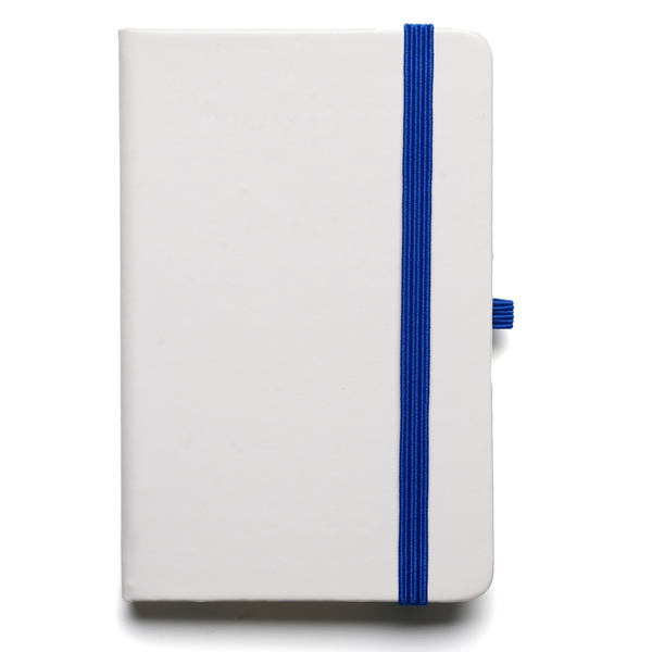 Branded A6 White Notebook with bookmark, pen loop, closure.