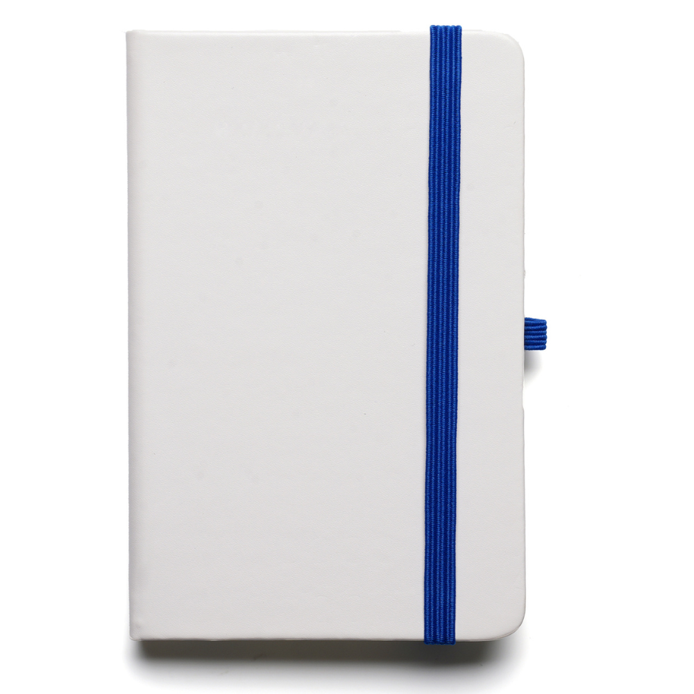 Branded A6 White Notebook with bookmark, pen loop, closure.